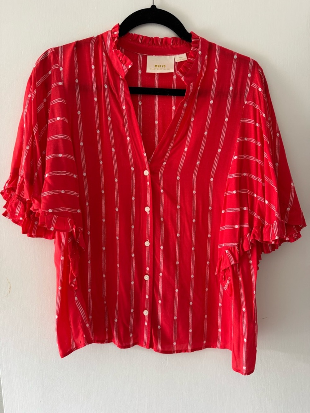 Maeve Red Striped Ruffle-Sleeve Button Blouse